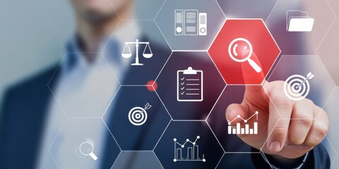 Analyzing the Digital Blueprint: A Business professional expertly navigates a digital interface. The focus is on analytics, assessment, data, and innovative approaches.
