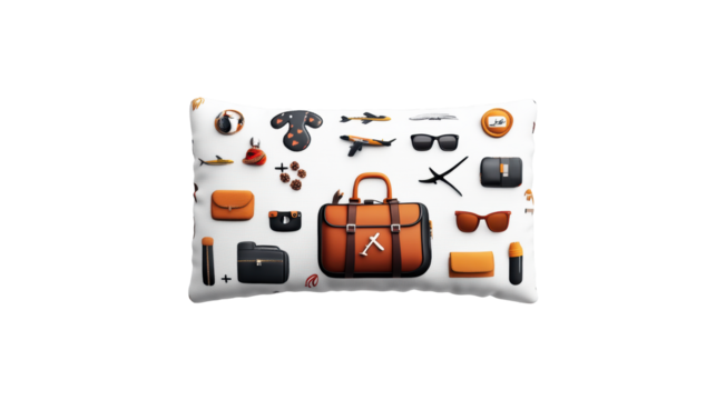 Pillow with travel-themed design and accessories on Transparent Background