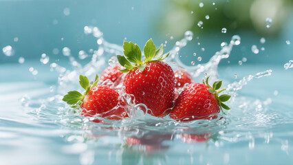 Fresh Strawberries Splashing in Water, Capturing Refreshing Summer Vibe