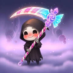 Cute Grim Reaper with Candy Scythe in a Dreamy Cloudscape