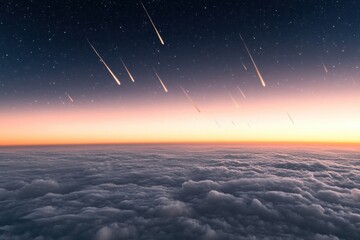Stunning meteor shower lights up the sky above the clouds at twilight