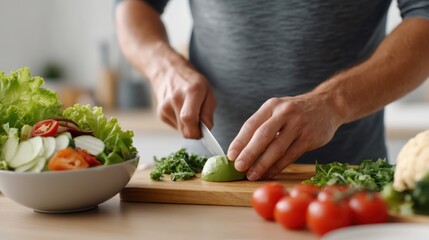Close Up Shot of a Man Dicing an Avocado with a Precision Knife. Assembling a Nutrient-Packed Salad Bowl in a Minimalist Kitchen. Plant-Based Diet and Wellness Concept.  
