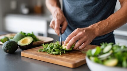 Close Up Shot of a Man Dicing an Avocado with a Precision Knife. Assembling a Nutrient-Packed Salad Bowl in a Minimalist Kitchen. Plant-Based Diet and Wellness Concept.  