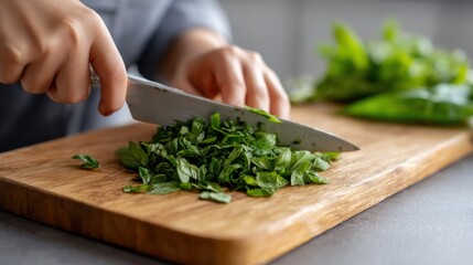 Close Up Shot of a Person Chopping Fresh Basil with a Mezzaluna Knife. Creating a Vibrant Pesto Sauce in a Cozy Modern Kitchen. Natural Nutrition and Wholesome Food Concept.  