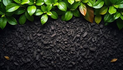 Naklejka premium Dark mulch covers ground with green leaves. Used for landscaping, gardening, decoration. Black wood chips texture looks stylish. Natural ground, fresh plants backdrop. Earthy aesthetic, sustainable