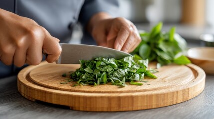 Close Up Shot of a Person Chopping Fresh Basil with a Mezzaluna Knife. Creating a Vibrant Pesto Sauce in a Cozy Modern Kitchen. Natural Nutrition and Wholesome Food Concept. 