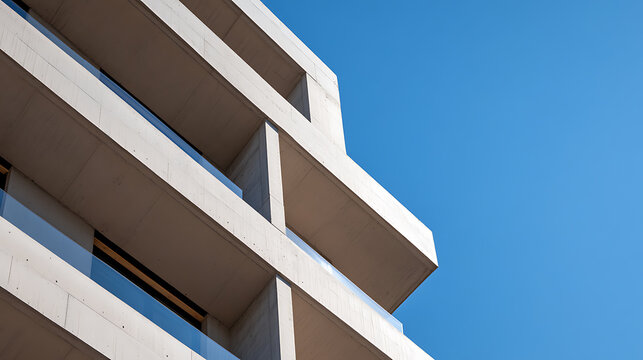 Concrete building against vibrant blue sky. Minimalist architectural design. Balconies with transparent railings on a modern structure. Architectural masterpiece.
