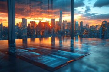 Fototapeta premium Stunning sunset view from a high-rise office with city skyline in the background