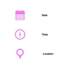 date, time and location icons isolated on transparent background
