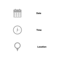 date, time and location icons isolated on transparent background