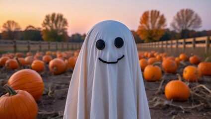 A cheerful ghost costume in a pumpkin patch at sunset, celebrating the autumn and Halloween season.