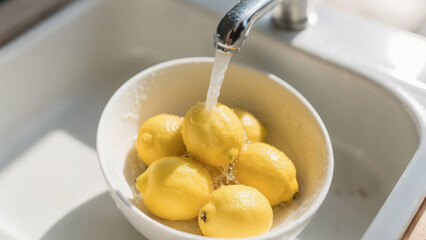 Lemons bathed in sunlight under a running tap in a white bowl and sink