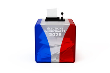 une urne de vote bleue, blanche et route, remplie de bulletins de vote - rendu 3D sur fond blanc