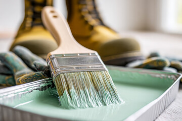 Paintbrush dipped in green paint with painter's gloves and sturdy work boots blurred in the background ready for home improvement or renovation projects
