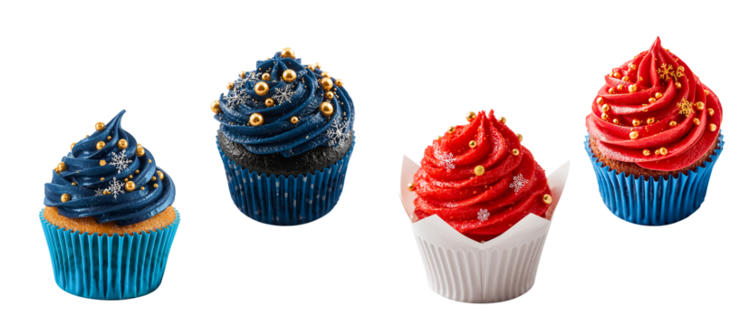 Delicious cupcake with cream beads and snowflakes isolated on transparent background