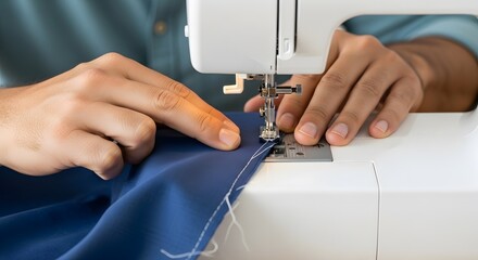 Close up photo of a tailor making clothes by hand using a modern sewing machine in white with warm light against the background of a workspace