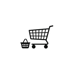 Minimal vector silhouette of shopping cart and basket black design isolated on white