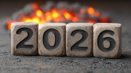 2026 year number on wooden blocks with glowing fire background