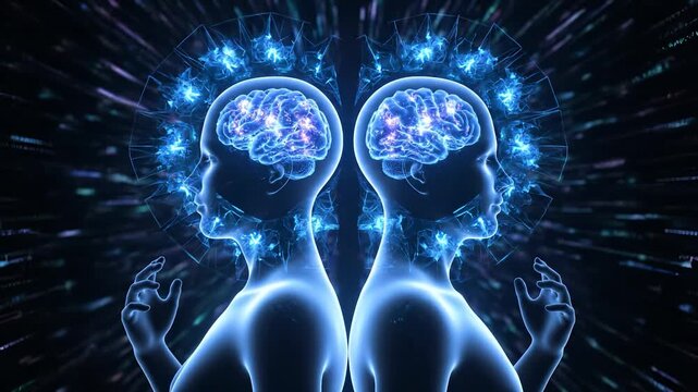 head faces back to back with illuminated brain. neuron and synapse pattern surround connection between head outline. energy pulses link mind and technology. intelligence and communication align.