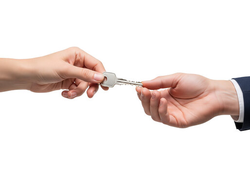 Key Handover Between Two Hands on White Background
