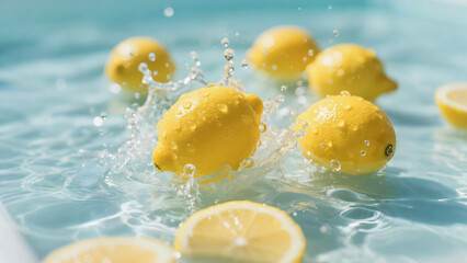 Refreshing Lemons Splashing in Water with Droplets and Bright Sunlight