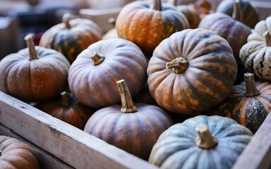 Rustic Wooden Crate Overflowing with Colorful Heirloom Pumpkins in Autumnal Light