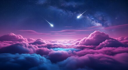 Fantasy night sky with shooting stars above vibrant pink and blue clouds. Dreams, imagination, and mystical space travel. Stunning view of a cosmic aurora over a cloudscape