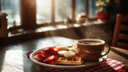 Cozy breakfast scene with waffles strawberries bananas and a steaming coffee