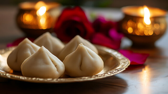 Golden plate with traditional sweets, lit candles, and rose petals create a festive and elegant ambiance. These treats symbolize a celebration, bringing joy and warmth.