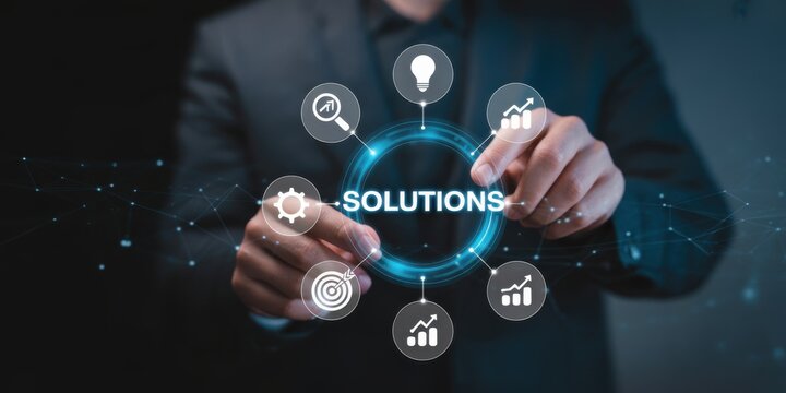 Navigating Solutions: A depiction of a person interacting with digital solutions, embodying innovation, problem-solving, and a focus on forward thinking.