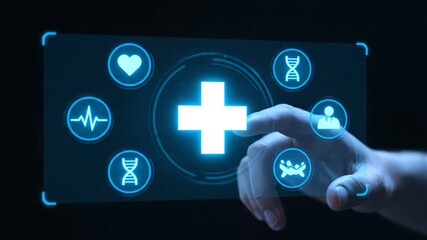 A glowing digital interface with health icons is touched by a finger against a dark background - Powered by Adobe