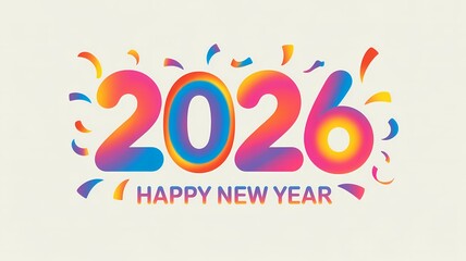 Vibrant gradient 2026 numbers with confetti and happy new year text