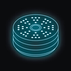 Neon blue hard drive glowing on a dark background, symbolizing data storage, technology, and futuristic concepts