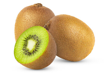 Two kiwi fruits with cut in half isolated on white background.