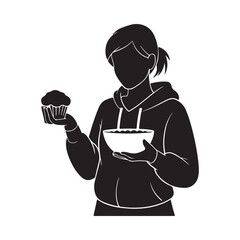 Silhouette of a person holding a cupcake and a bowl of batter