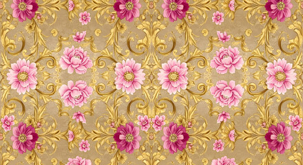 Elegant Floral Pattern with Pink Peonies and Golden Baroque Accents | Seamless Wallpaper Design for Luxury Branding, Textile Prints, and Decorative Backgrounds