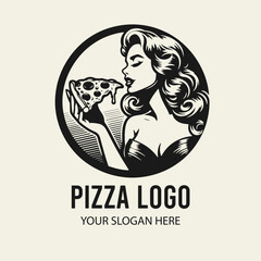 Black and white flat vector logo of a beautiful girl eating a slice of pizza. Stylish food illustration for branding, restaurants, cafes and fast-food designs.
