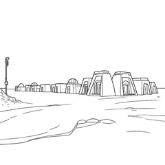 Obraz premium Sketch of ancient village with round huts and a tall pole