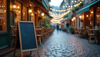 Empty chalkboard sign outside cafe on cobblestone street with tables and chairs. String lights illuminate urban alleyway. Outdoor seating available at dusk.