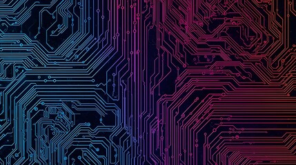 Futuristic circuit board pattern with glowing neon lines in blue, purple, and orange, symbolizing digital technology, data flow, and electronic innovation.