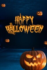 Dark spooky Halloween pumpkin background design with bats for October night party card