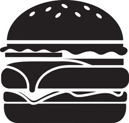 Black and White Burger Vector Illustration, Delicious Hamburger with Cheese, Lettuce, and Sesame Seed Bun Graphic for Food Lovers
