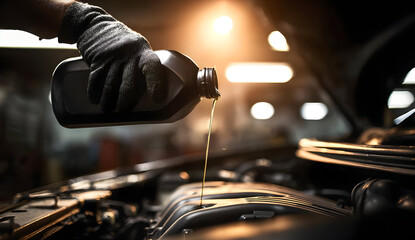A mechanic pouring motor oil into a car engine, emphasizing automotive maintenance and precision in repairs.