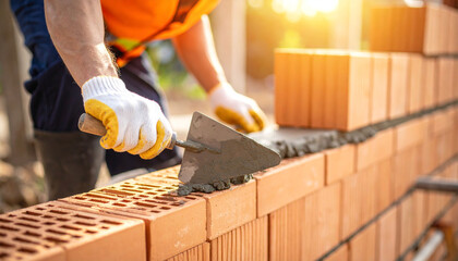 Construction worker building brick wall with trowel      