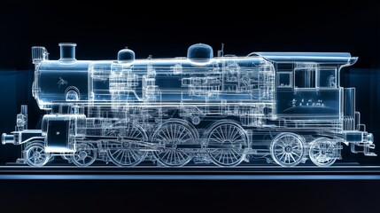 Glowing blueprint of old steam locomotive engine visualization on black background