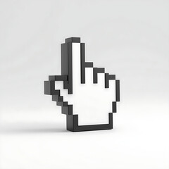 A 3D render depicts a pixelated computer hand cursor icon, resembling an index finger pointing upward. It features a white center and a thick black outline, resulting in a blocky,.