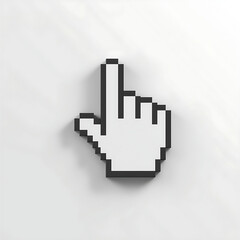 A 3D render depicts a pixelated computer hand cursor icon, resembling an index finger pointing upward. It features a white center and a thick black outline, resulting in a blocky,.