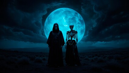 Fototapeta premium Couple of skeletal figures with black wings standing in a deserted land under a full moon in a cloudy sky. Ominous dark atmospheric afterlife horror illustration concepts. 