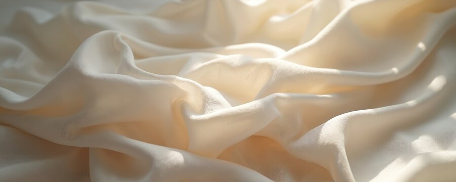 Soft draped fabric in neutral cream tone with gentle folds and shadows. Light catches delicate texture creating subtle highlights. Perfect for elegant backgrounds design or fashion concepts.