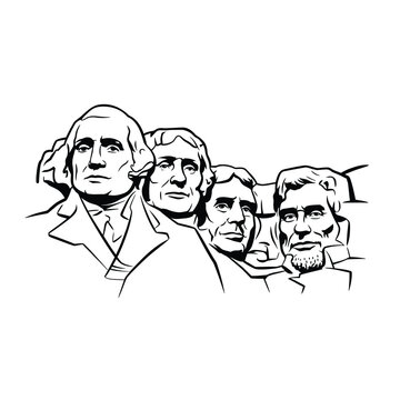 Black and white line drawing of mount rushmore presidential monument